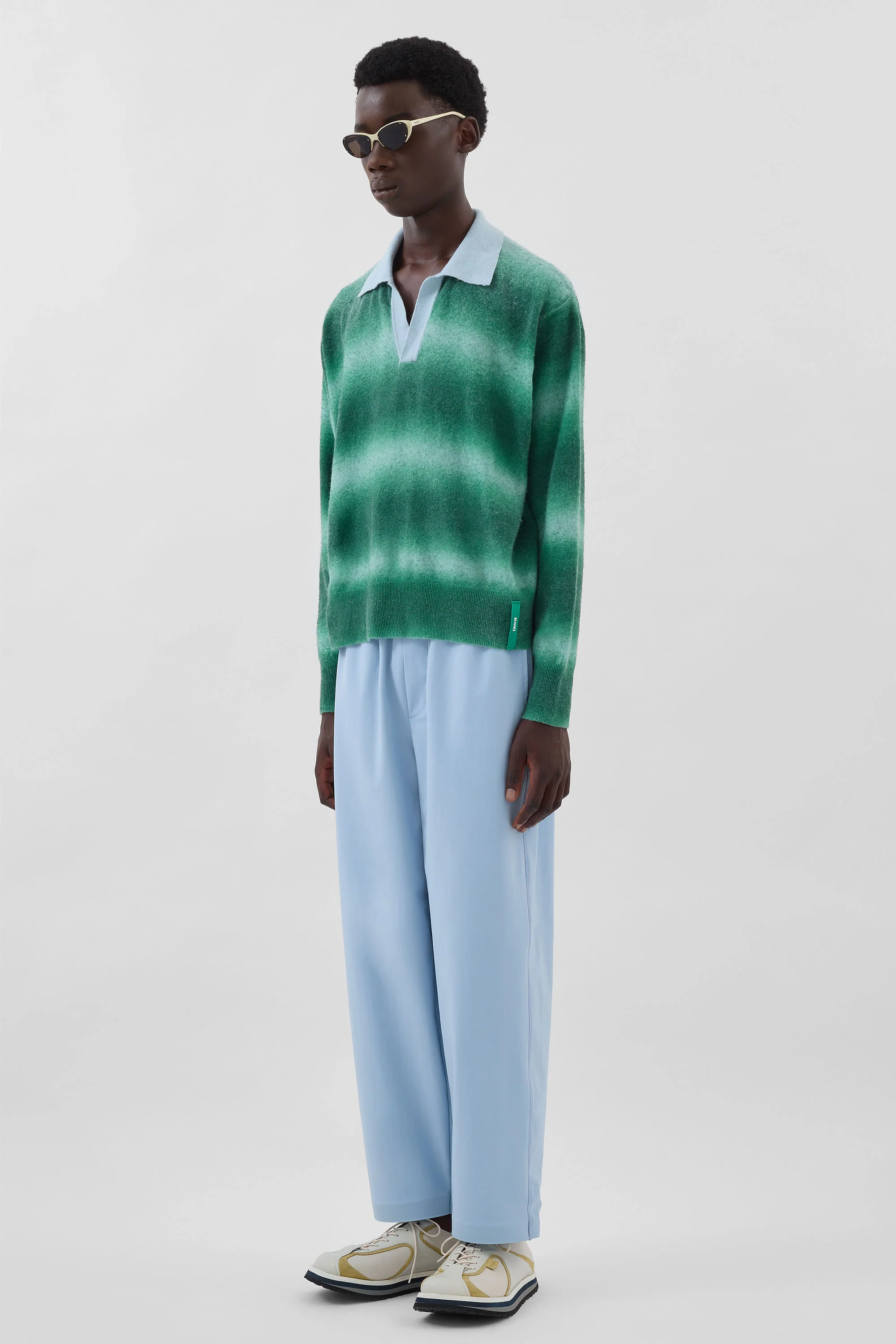 STRIPED KNIT LONGSLEEVE POLO / green & alice blue - Image 5
