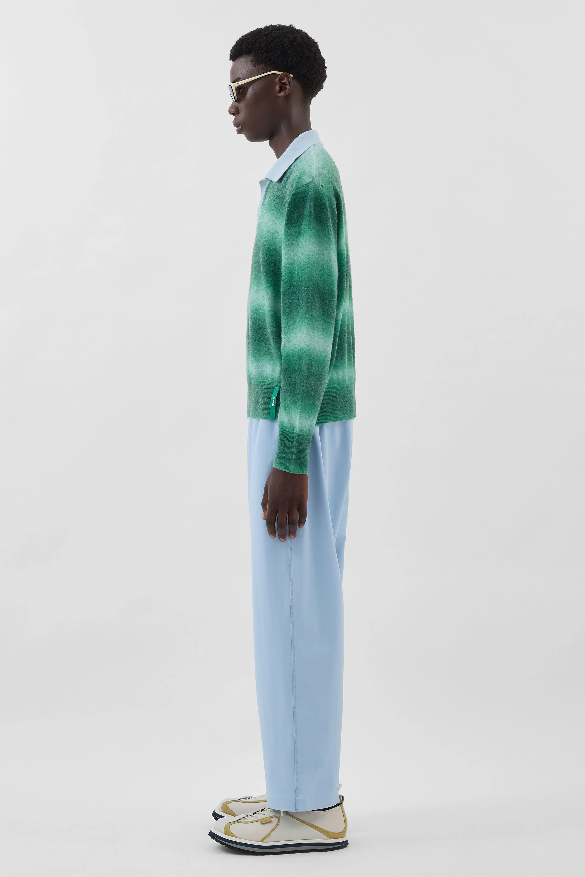 STRIPED KNIT LONGSLEEVE POLO / green & alice blue - Image 6