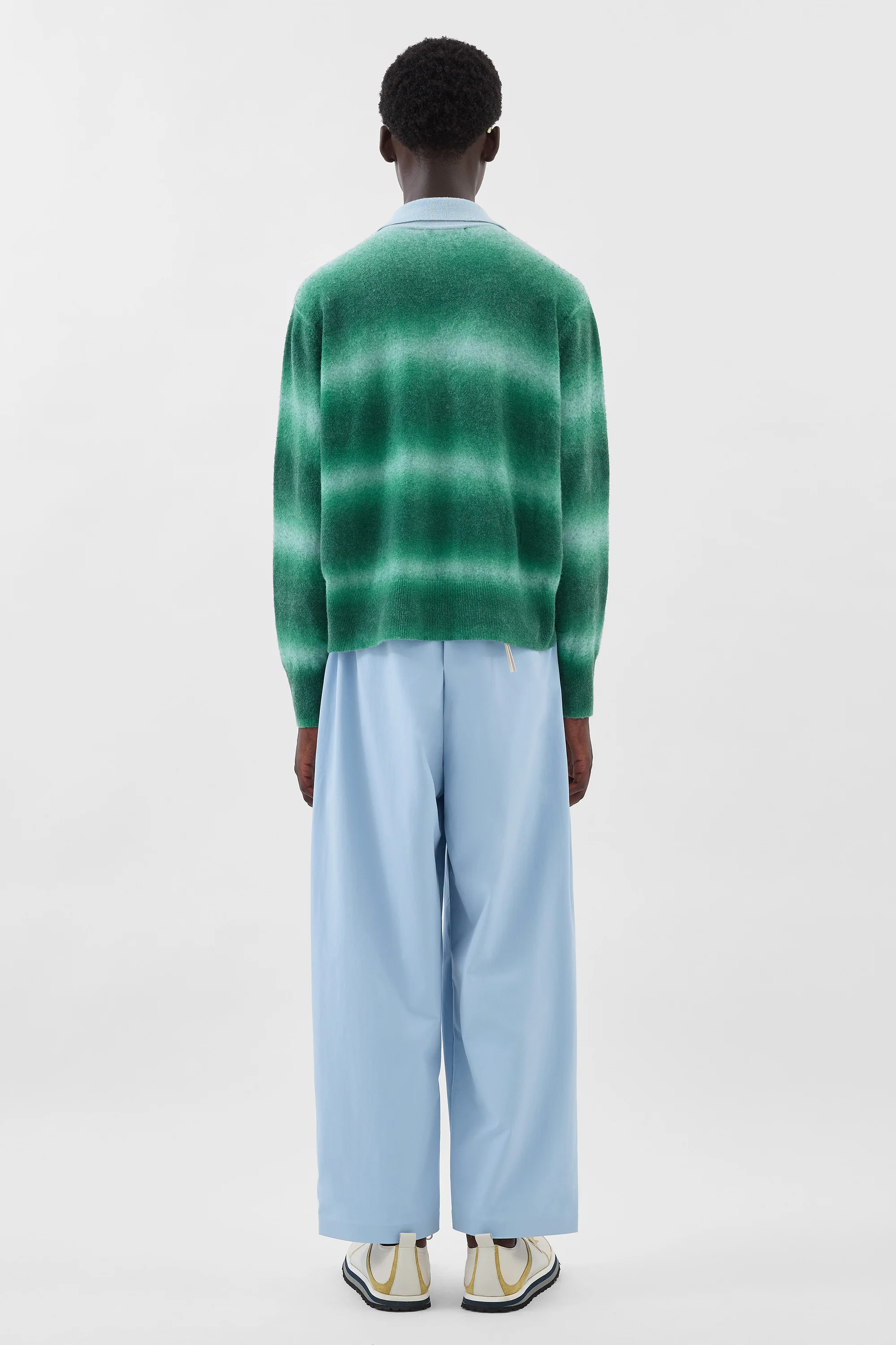 STRIPED KNIT LONGSLEEVE POLO / green & alice blue - Image 9