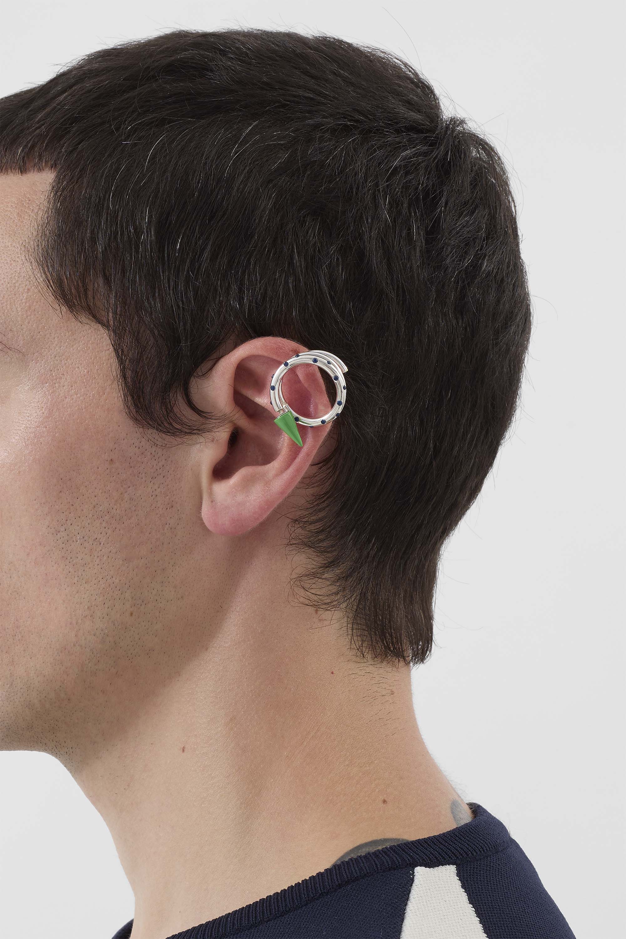 MEDIUM SPIRAL EAR-RING W/ STONES / silver / green & blue - Image 6