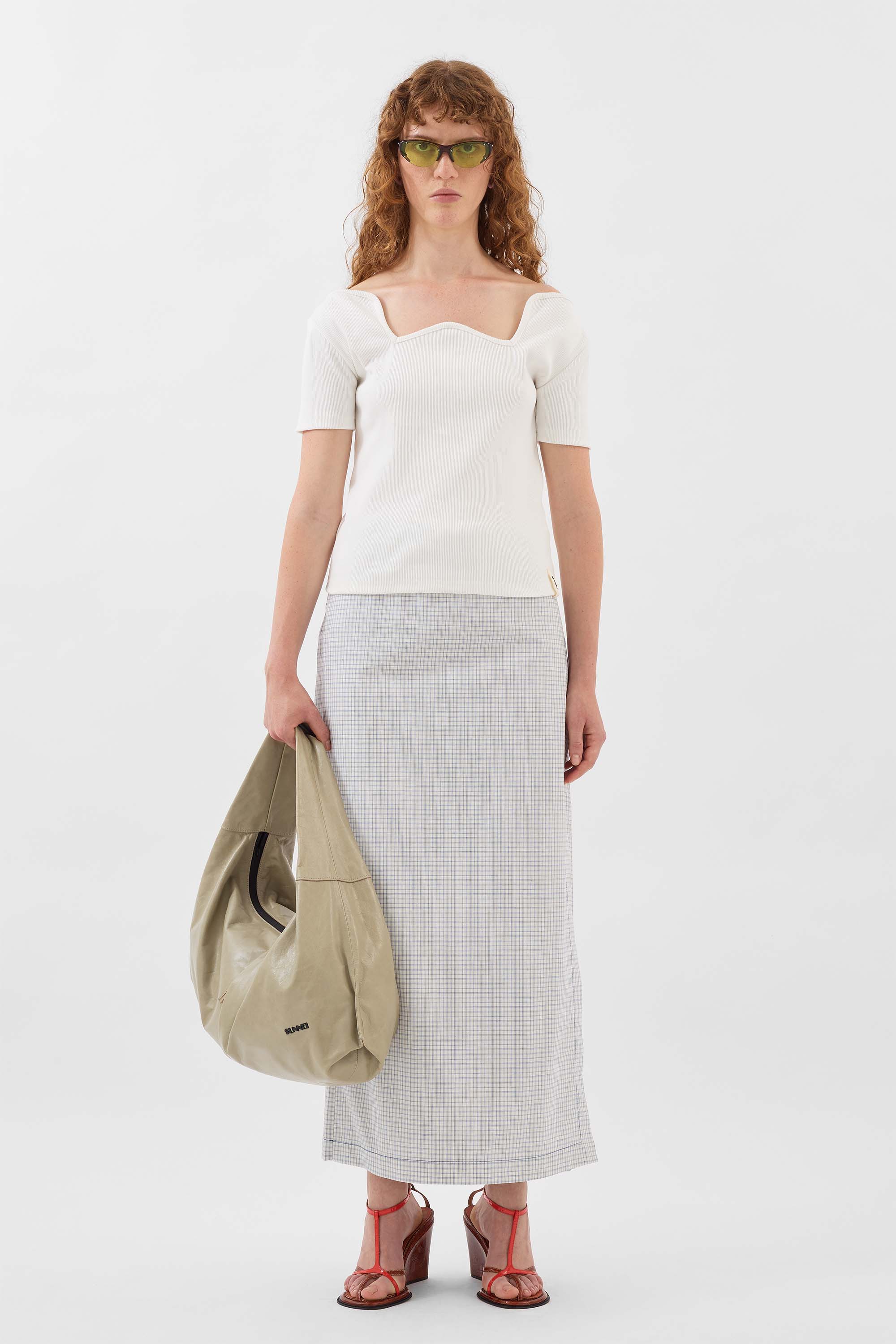 NEW LONG PANTA SKIRT / off white & blue check - Image 3