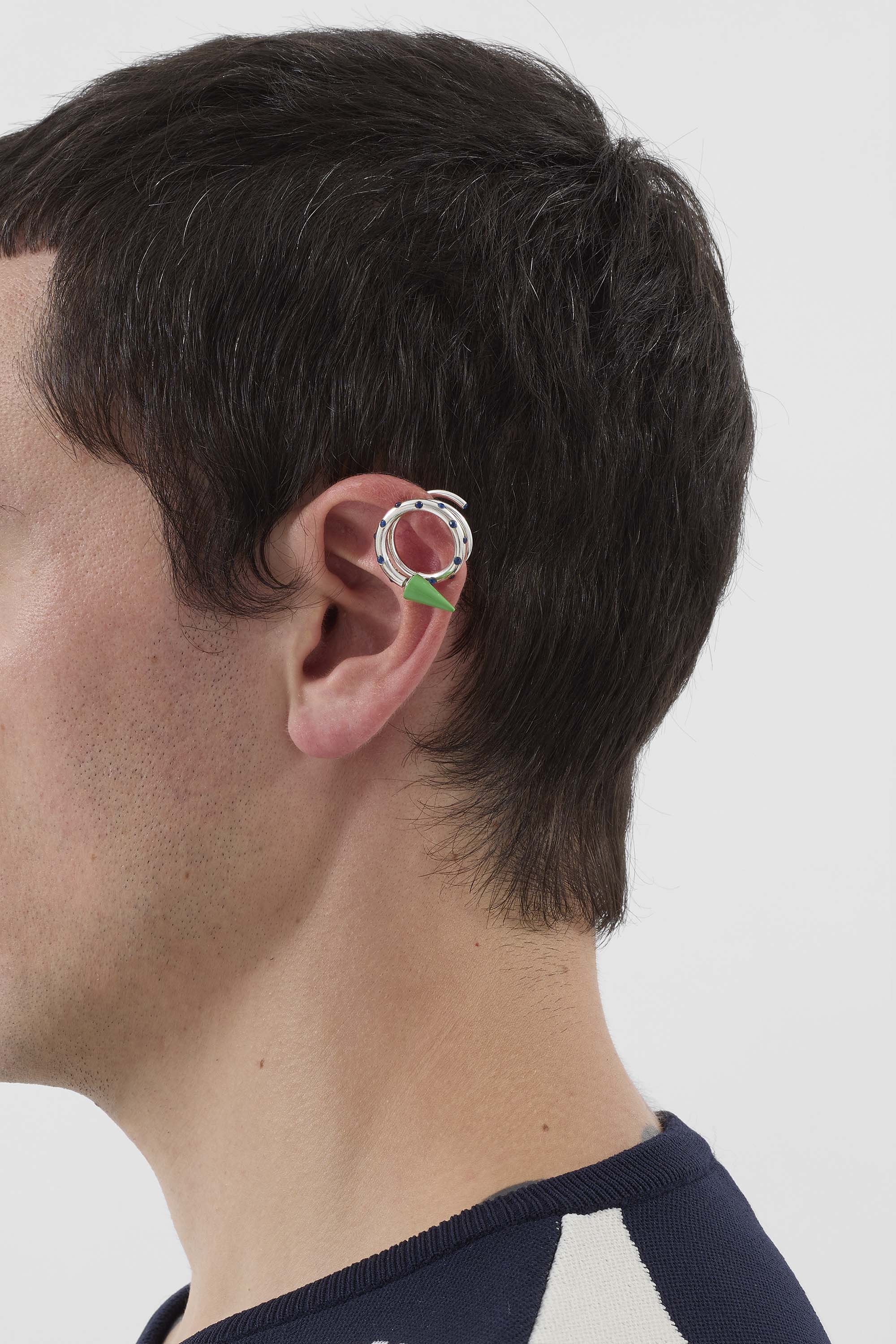 SMALL SPIRAL EAR-RING W/ STONES / silver / green & blue - Image 6