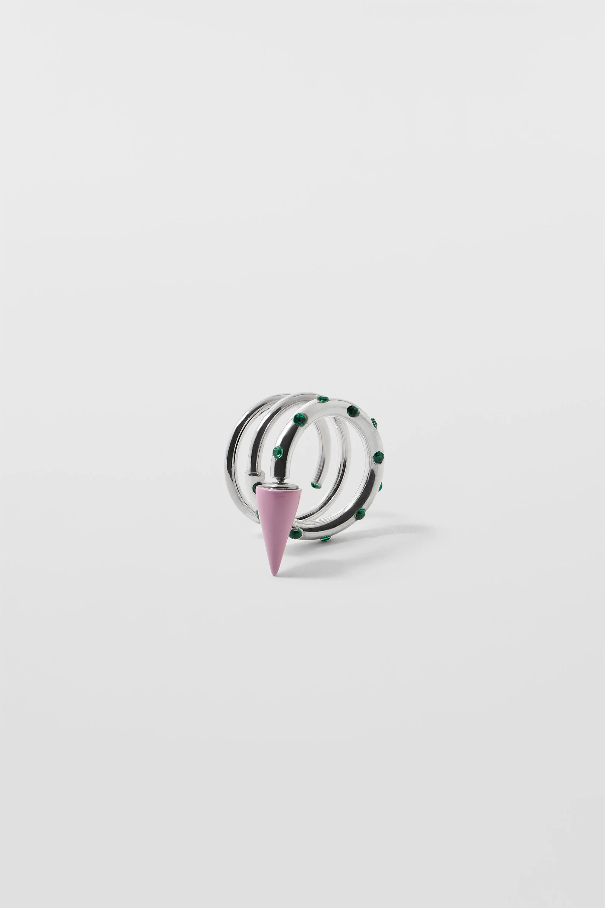 SMALL SPIRAL EAR-RING W/ STONES / silver / pink & green - Image 4