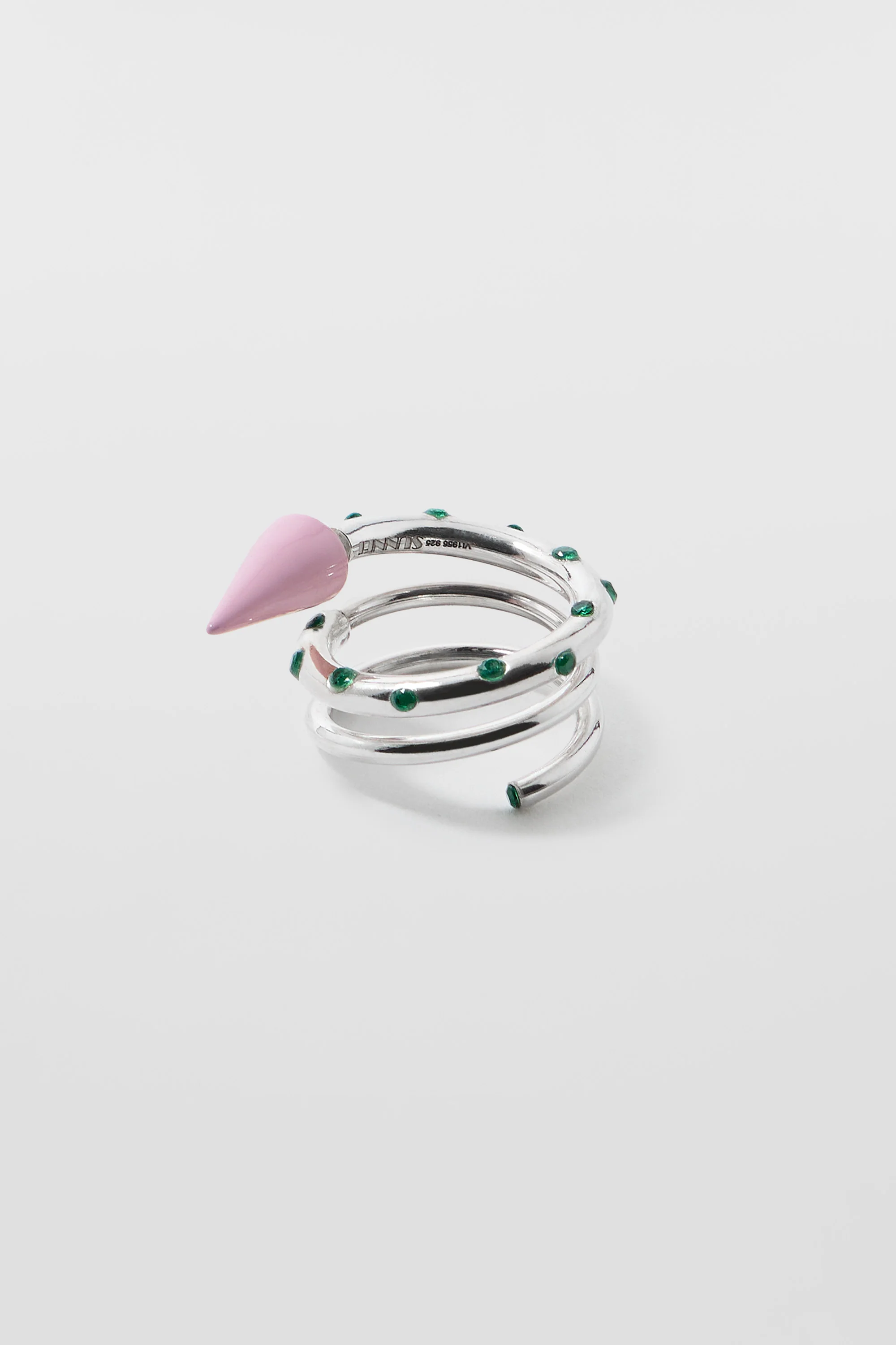 SMALL SPIRAL EAR-RING W/ STONES / silver / pink & green - Image 5