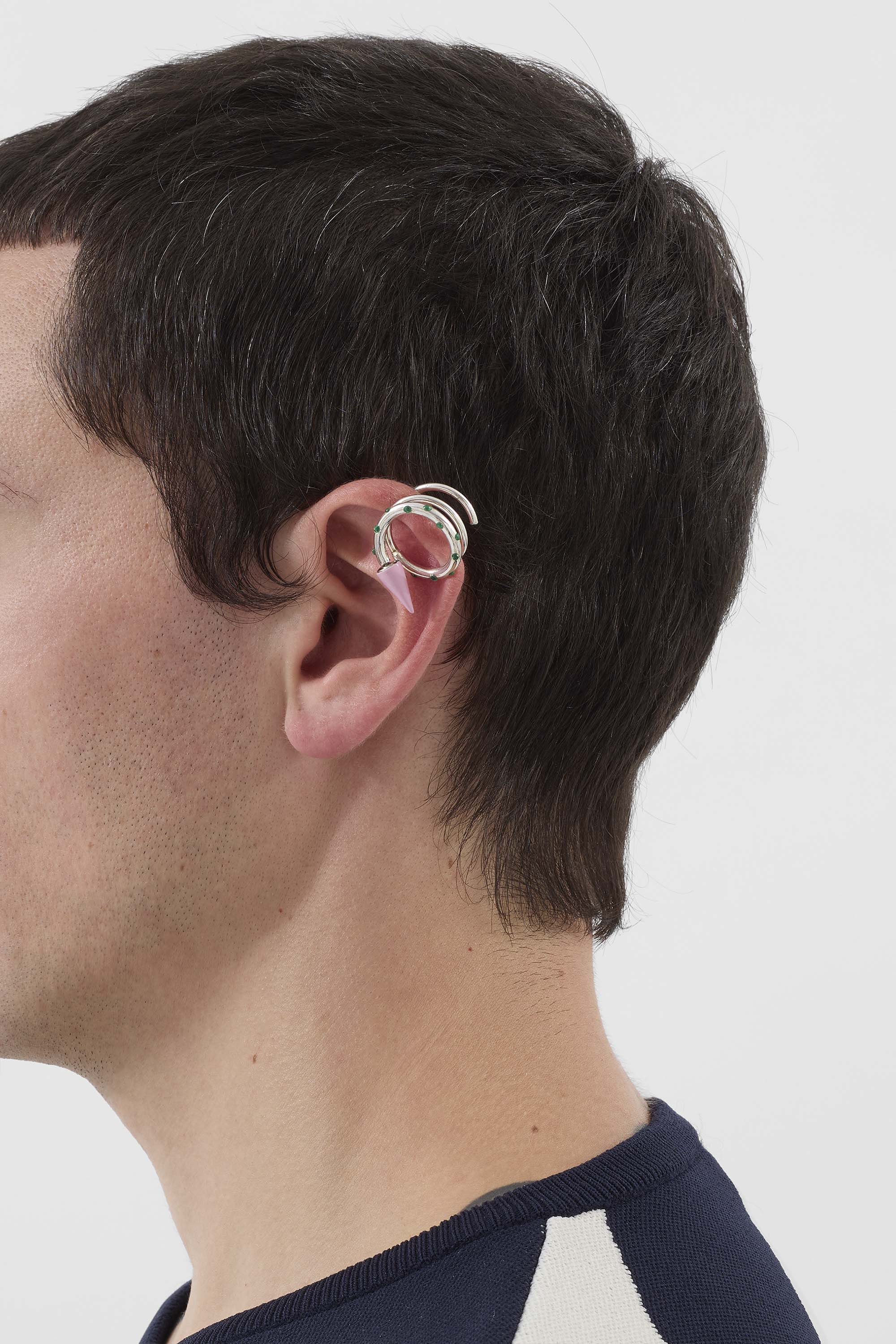 SMALL SPIRAL EAR-RING W/ STONES / silver / pink & green - Image 6