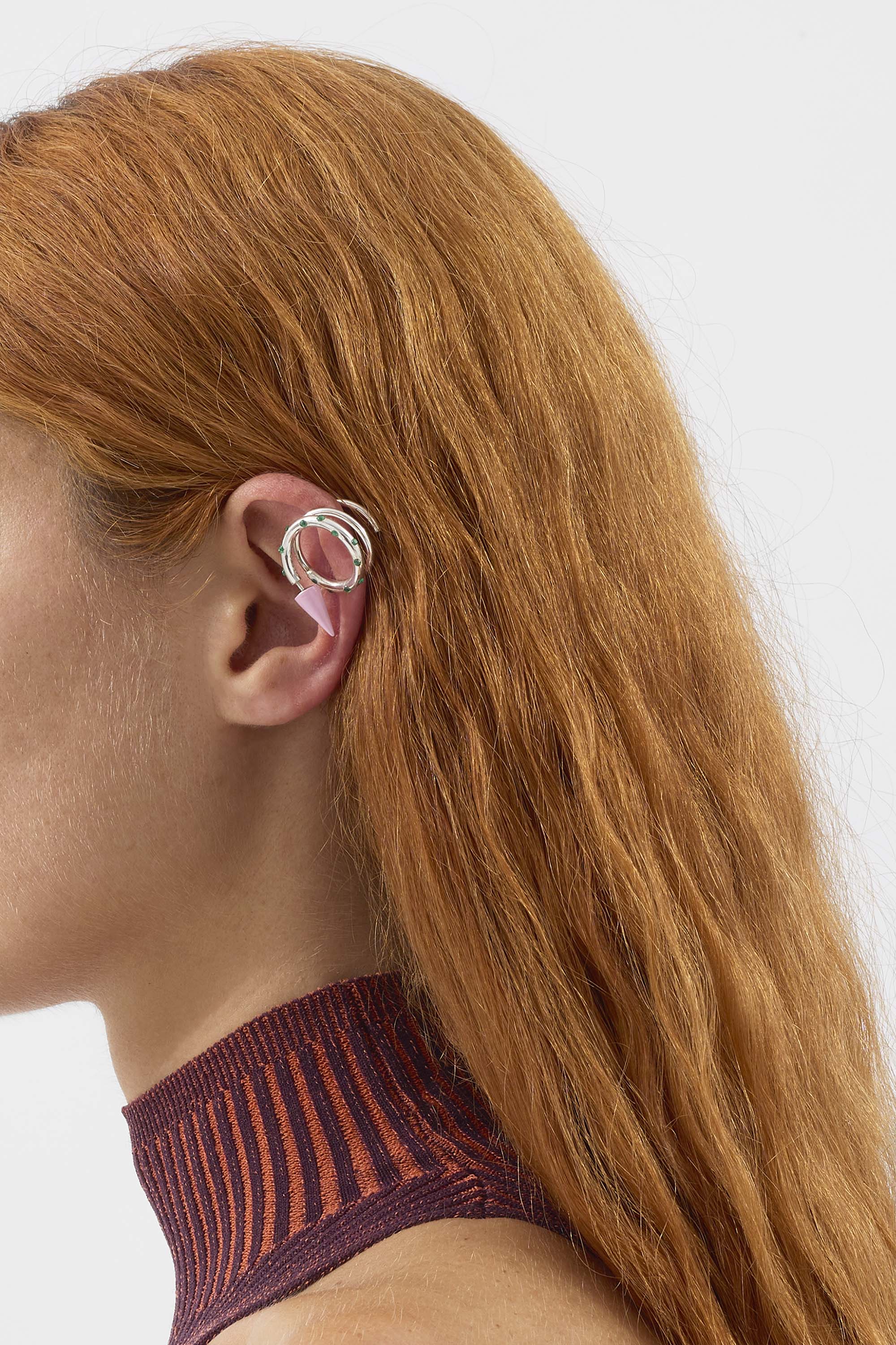 SMALL SPIRAL EAR-RING W/ STONES / silver / pink & green - Image 7