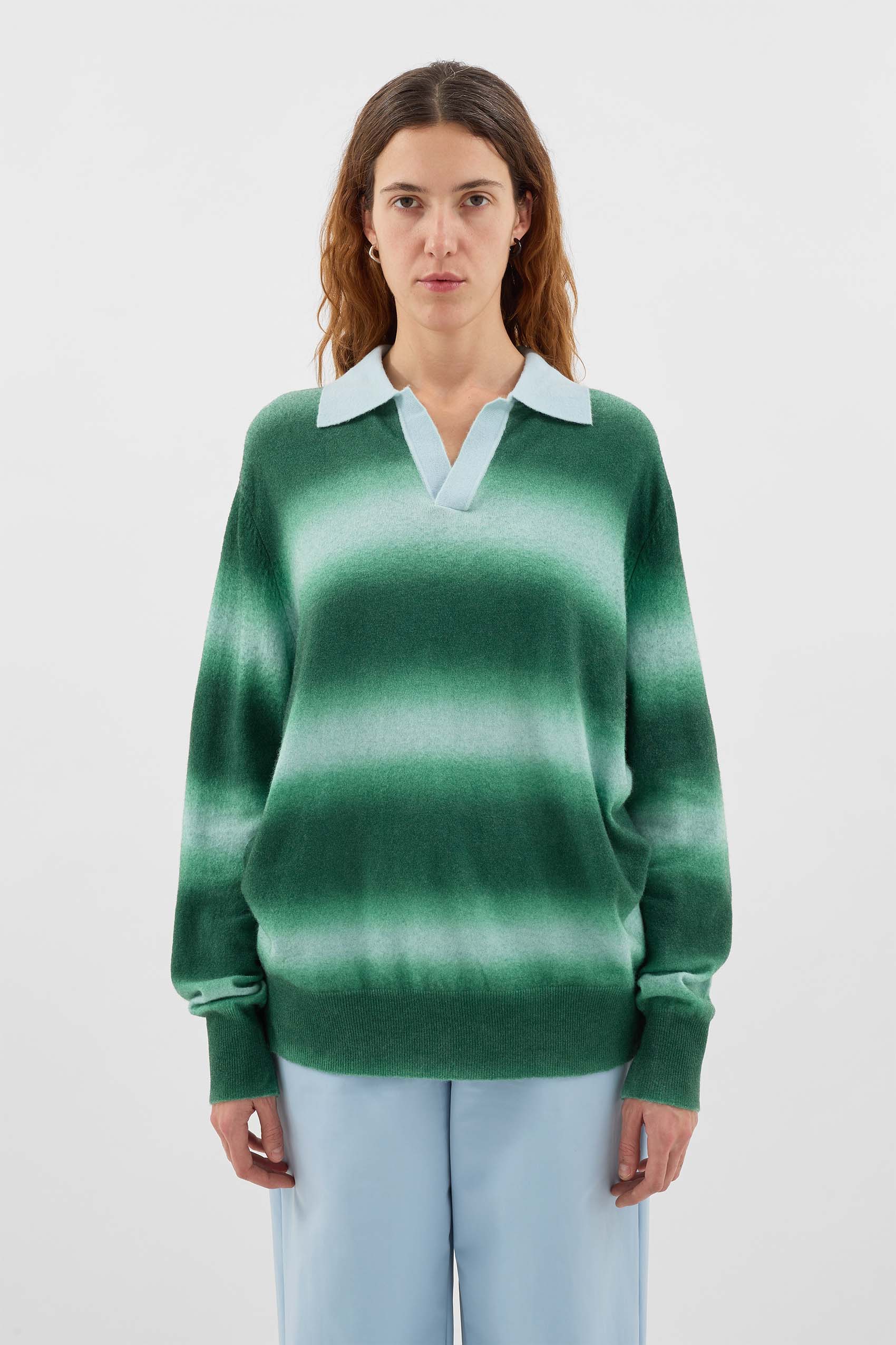 STRIPED KNIT LONGSLEEVE POLO / green & alice blue - Image 3
