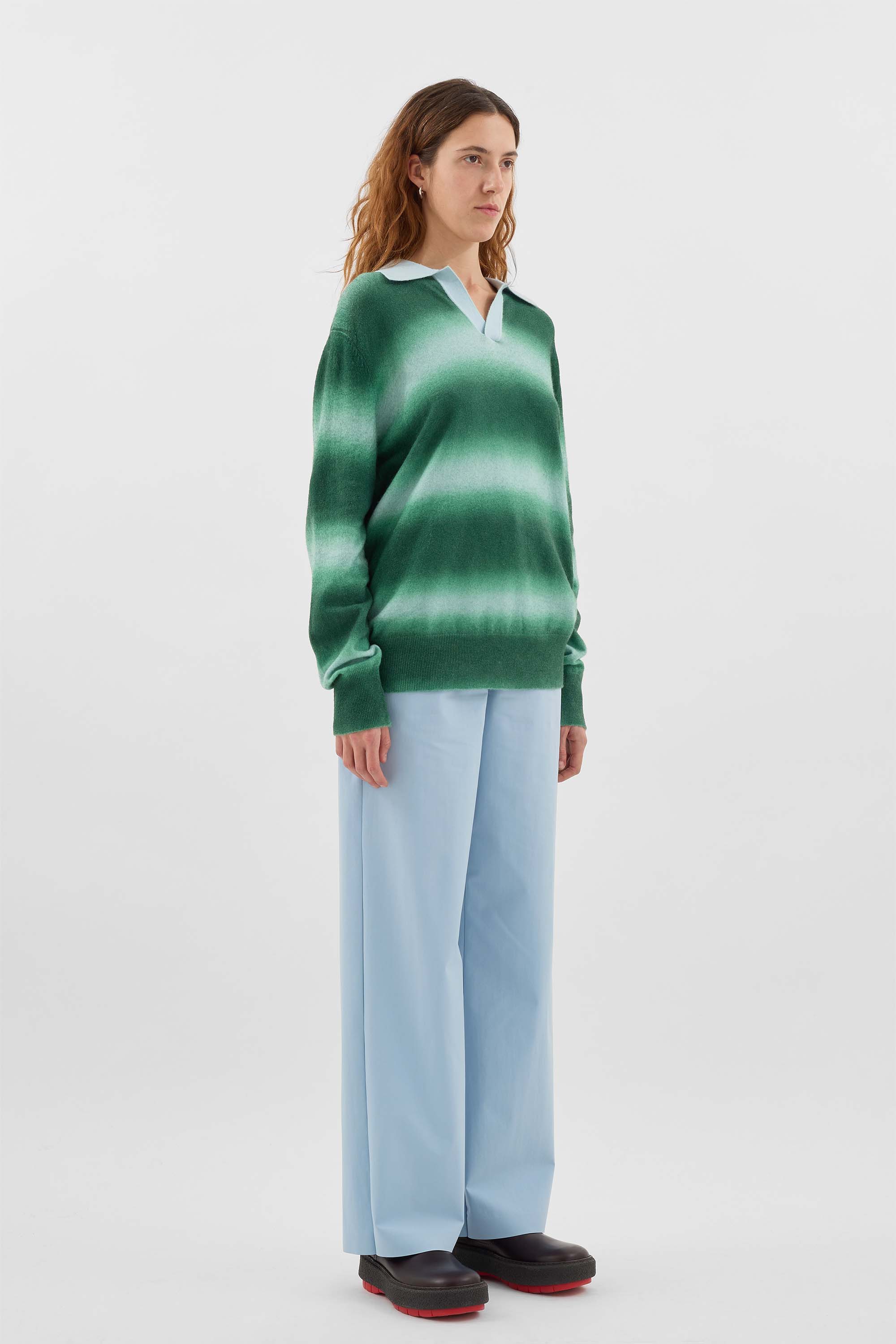 STRIPED KNIT LONGSLEEVE POLO / green & alice blue - Image 4